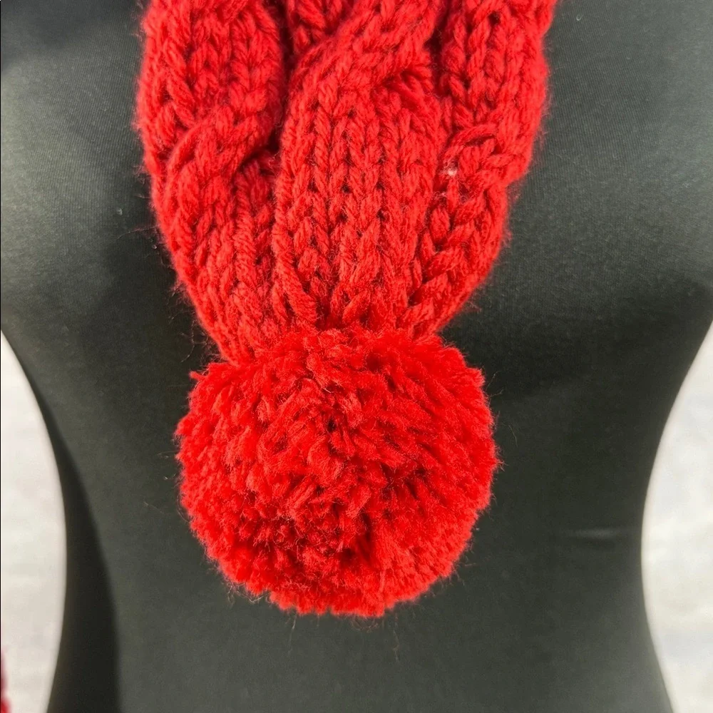 NWOT Red Cable Knit Pom Pom Scarf